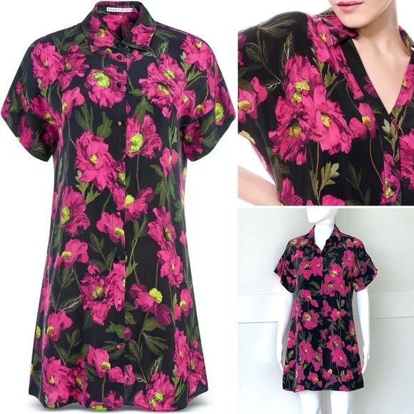 Alice + Olivia 100% Silk Lucette Floral Print Mini Shirt Dress Dropped Shoulder - Picture 5 of 11